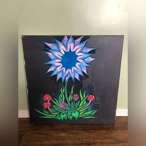 Mushroom Flower Painting 14x14” Canvas, Bojo Hippie Festival Colorful Art